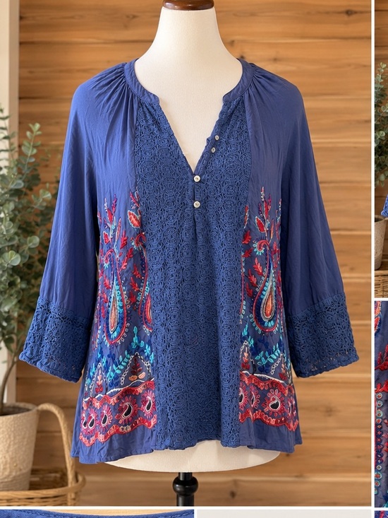 figueroa & flower Tops - Figueroa & Flower Boho Peasant Top Embroidered Paisley Crochet Lace Blue Medium‎